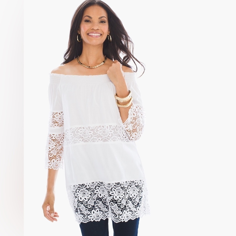 NWT Chico’s White Smock Neck Lace Popover 3/4 Sleeve Tunic Blouse 0 Small 4-6